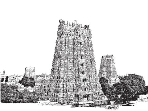 Madurai Meenakshi Amman Temple south India vector hand drawing illustration 