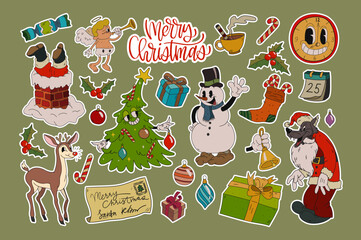 Collection of Christmas stickers elements in retro cartoon style. Colorful vector winter holiday illustrations - obrazy, fototapety, plakaty