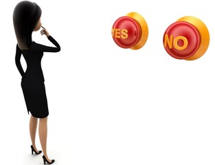 3d woman confused yes or no button concept