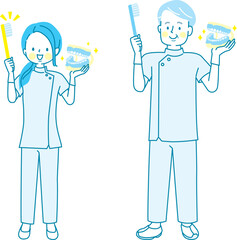 歯磨きの指導をする男女の歯科衛生士のベクターイラスト素材