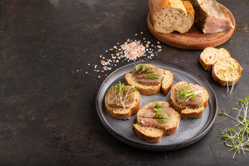 Bread sandwiches with jerky salted meat, sorrel and cilantro microgreen on black. side view, copy space.