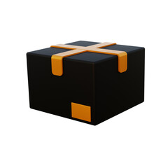 Black and gold color. Cardboard box or delivery package isolated on white background. 3D icon. Minimal icon. 3d rendering. Cartoon style.
