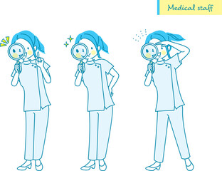 虫眼鏡から覗く女性看護医師のベクターイラスト素材