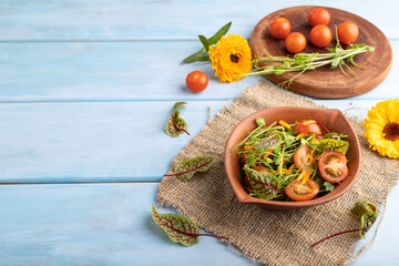 Vegetarian salad of tomatoes, marigold, microgreen on blue. Side view, copy space.