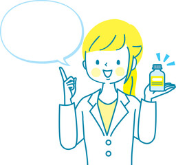 薬局の女性スタッフが薬について説明するイラスト素材