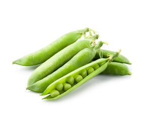 Young green peas on white backgrounds.