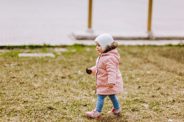 Little girl, preschool child walks in the park with a pine cone in her hands outdoors.