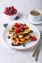 Viennese or Belgian waffles with fresh berries (raspberries and blueberries) and chocolate sauce on a white plate and a cup of coffee. Traditional dessert. Close-up, white background.
