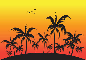 Fototapeta na wymiar Sunset and the palm trees. Orange sunset. Silhouette of palm trees vector, nature background.
