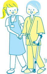 シニア女性を介助する若い介護士のイラスト
