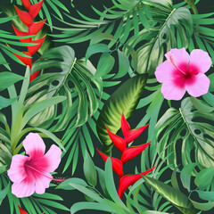 Tropical floral seamless pattern with exotic flowers, jungle leaves, palm tree. Artistic background. Wallpaper with botanical illustrations. Summer pattern © Alaska_artworks