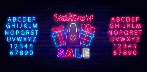 Valentines Sale neon label. February special offer. Holiday marketing. Glowing pink and blue font. Vector illustration