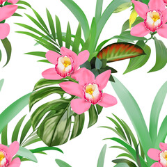 Obraz premium Tropical floral seamless pattern with exotic flowers, jungle leaves, palm tree. Artistic background. Wallpaper with botanical illustrations. Summer pattern