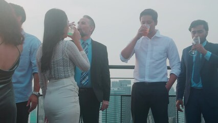 Happy group team senior executive and business people in party celebrate success holding glass of wine cheer together at restaurant, friendly and social colleague, meet friend and community concept.