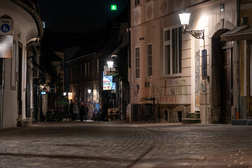 Scenic abandoned alley Trubarjeva in the city center of Ljubljana at night