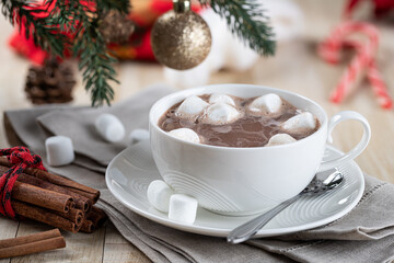 Obraz na płótnie Canvas Cup of hot chocolate with marshmallows and holiday decorations