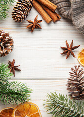 Christmas decoration with presents making a frame with copy space.