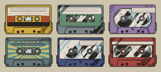 Audio cassette set vintage colorful