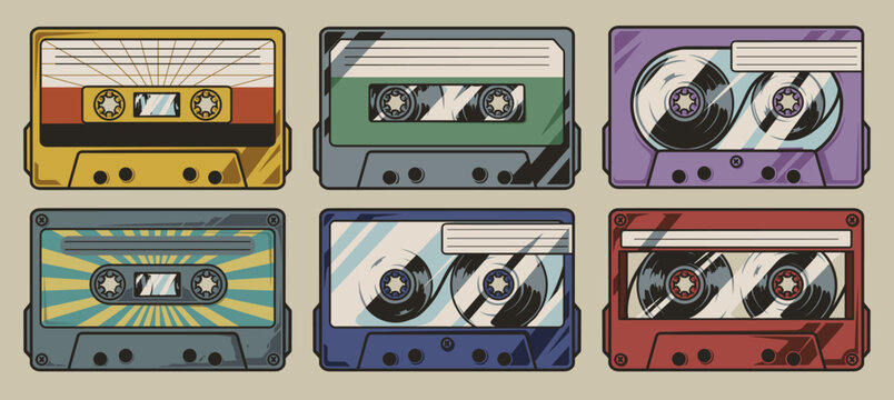 Audio cassette set vintage colorful