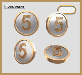 Bundle of 3D gold coin number 5 transparent