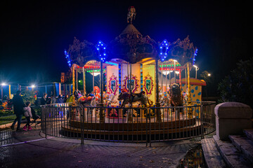 CORFU, GREECE - December 10, 2021:  photo of illuminated festive view in corfu town and Christmas fair and market,Greece.