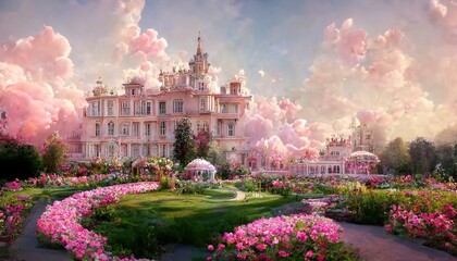 Fototapeta Victorian-style royal palace that looks like it was from a fairy tale. Spectacular fantasy luxury and majestic palace with beautiful garden of blossoms plants and flower. Digital art 3D illustration. obraz