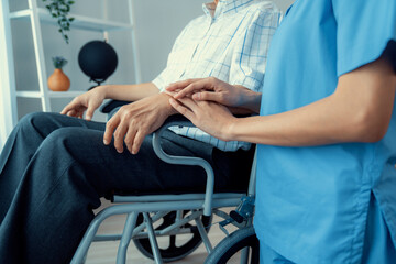 Caring nurse and a contented senior man in a wheel chair at home, nursing house. Medical for...