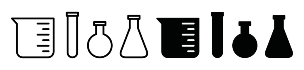 Laboratory beaker icon set. Сhemistry and biology symbol in flat and outline style. Chemical test tube icon. Laboratory glassware or beaker equipment tools. Сhemical experiment in flask vector  © Vilogsign