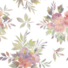 Seamless floral pattern with flowers and leaves, watercolor illustration. Template design for wrapping paper, textiles, wallpaper, interior, clothes, postcards.