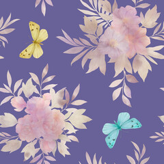 Seamless floral pattern with flowers and leaves, watercolor illustration. Template design for wrapping paper, textiles, wallpaper, interior, clothes, postcards.