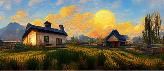 impressionism art, oil painting old house farm as mountain view - obrazy, fototapety, plakaty