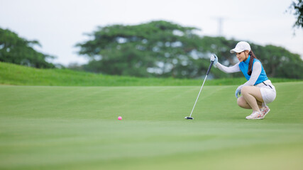 Asian woman golfer sit check line for putting golf ball on green grass,