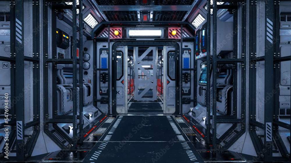 Poster long corridor in a futuristic space station interior with computer monitors and future tech equipmen