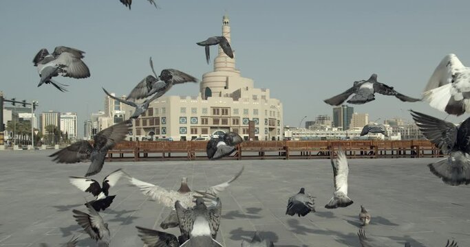Pigeons flying across a market square.