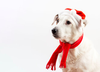 Fototapeta premium Portrait of a dog in a Santa hat. Concept of the New Year and Christmas. Funny pets.