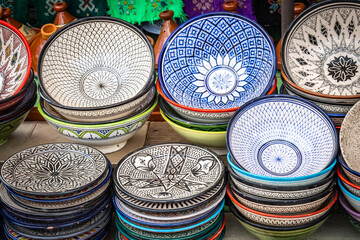 colorful plates on the market, marrakech, morocco, bazaar, souk, north africa