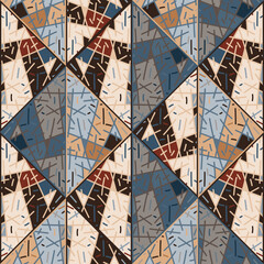 Hand drawn tribal geometric tile. Vintage ethnic line ornament. Random lines mosaic seamless pattern.