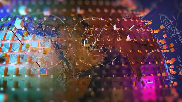 4k blue close up earth with bordered continents and animated light grid and rotate cicles
