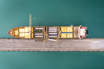 Aerial top view container ship with crane bridge for load container, Business global company commercial trade logistics import export.