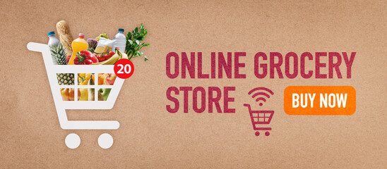 Online grocery shopping banner with shopping cart