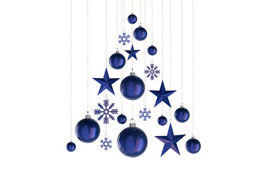abstract christmastree in shades of blue stars snowflakes baubles hanging from above  isolated 3D...