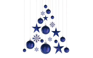 abstract christmastree in shades of blue stars snowflakes baubles hanging from above  isolated 3D Rendering