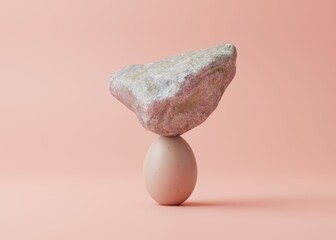 3d Concept about balance and strength, egg and stones on it. Pink banckground with copy space. Minimal, elegant, feminine 3d rendering