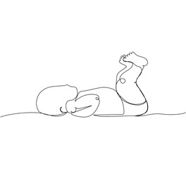 The newborn lies and waves its legs one line art. Continuous line drawing of child, childhood, newborn, new life, son, daughter, silhouette, motherhood, baby.