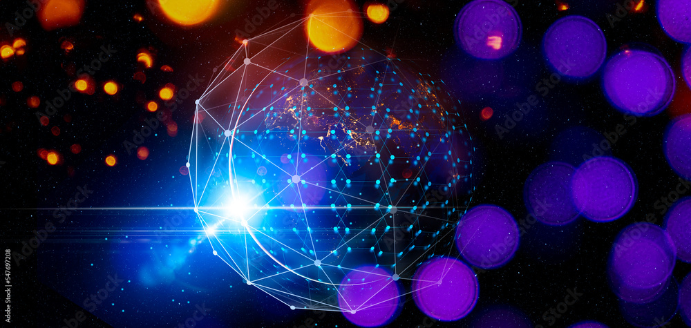 Aufkleber Communication technology for internet business. Global world network and telecommunication on earth cryptocurrency and blockchain and IoT. Elements of this image furnished by NASA