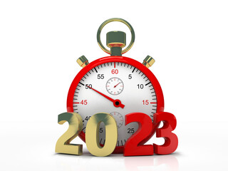 Stopwatch Clock with 2023 represents coming new year 2023, new Year 2023 concept. 2023 Golden Sign with Alarm Clock on a white background. 3D Render
