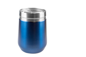 Blue thermo mug isolated on a white background. Steel thermos for hot drinks outdoors.