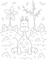 baby giraffe and nature coloring page for kids