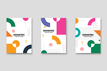 Set of neo Memphis style covers. Collection of cool bright covers. Abstract shapes compositions. Vector.