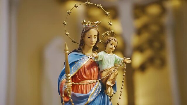A small statuette of Jesus with a baby stands in a Catholic church. The camera shoots with smooth motion